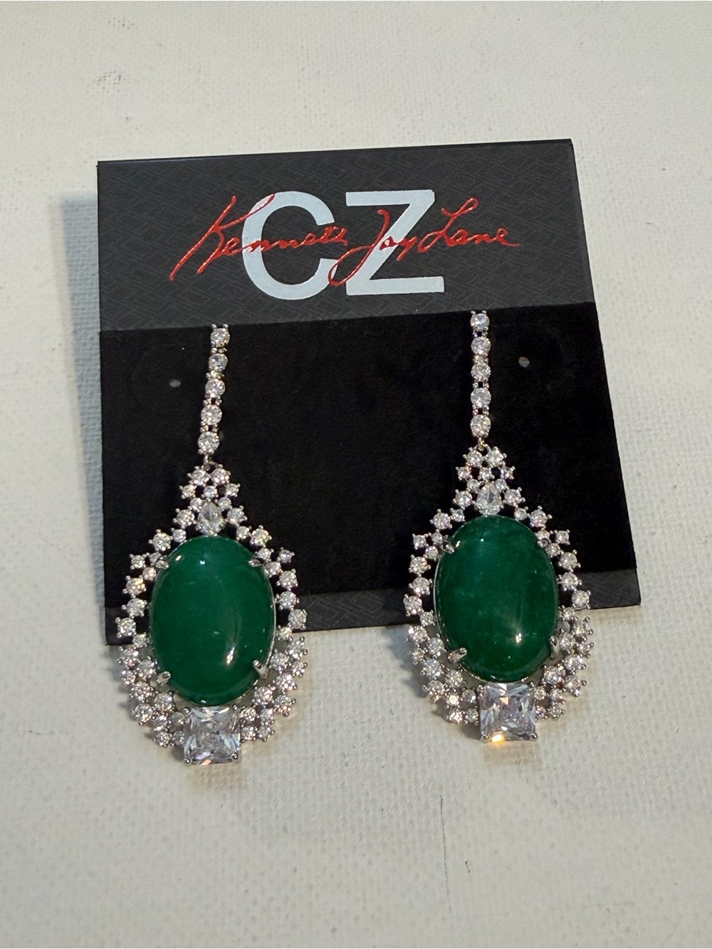 Kenneth Jay Lane Green Cabochon and Crystal Drop Earrings